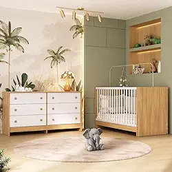 Berço 3 em 1 para Colchão 130 x 60cm com Cômoda Framboesa Multimóveis Mp4679 Madeirado/branco