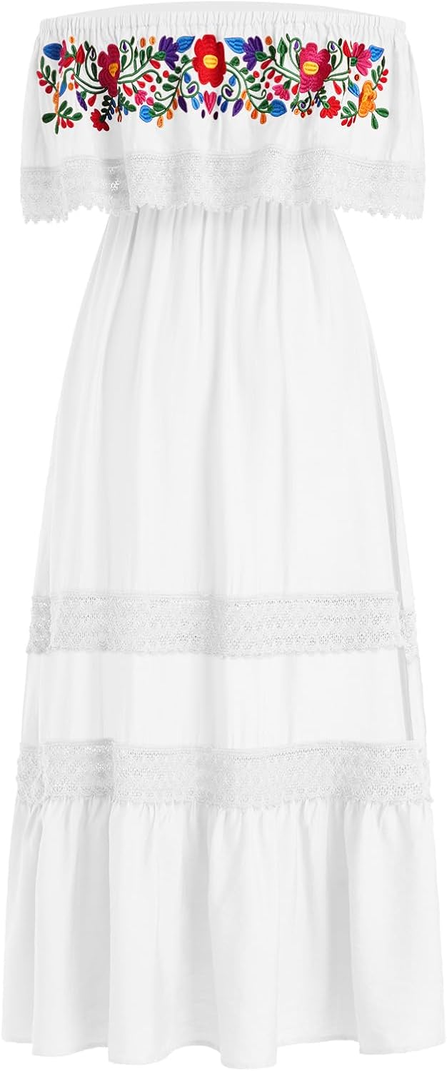 OBEEII Mexican Embroidered Dress for Women Traditional Off Shoulder Floral Embroidery Lace Cinco de Mayo Fiesta Maxi Dress