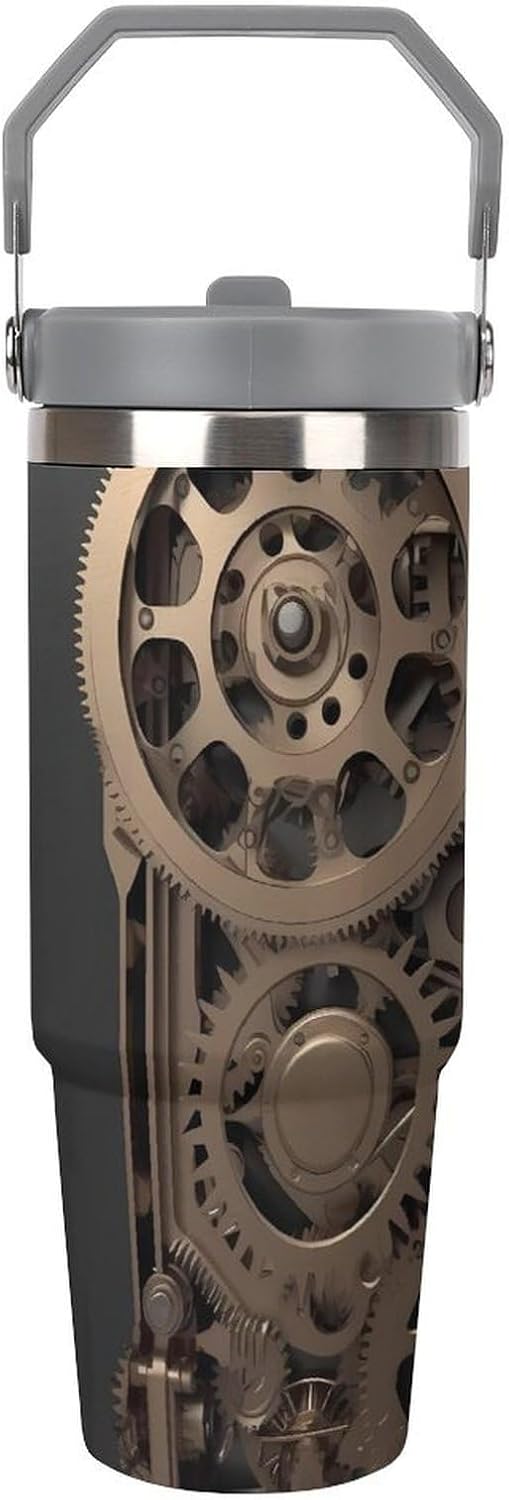 30oz Insulated Tumblers with Top Handle, Stainless Steel Steampunk Mechanical Gears Car Cup with Straw for Gift, Leak-Proof Double Wall Vacuum Travel Mug, Personalized Water Bottles White