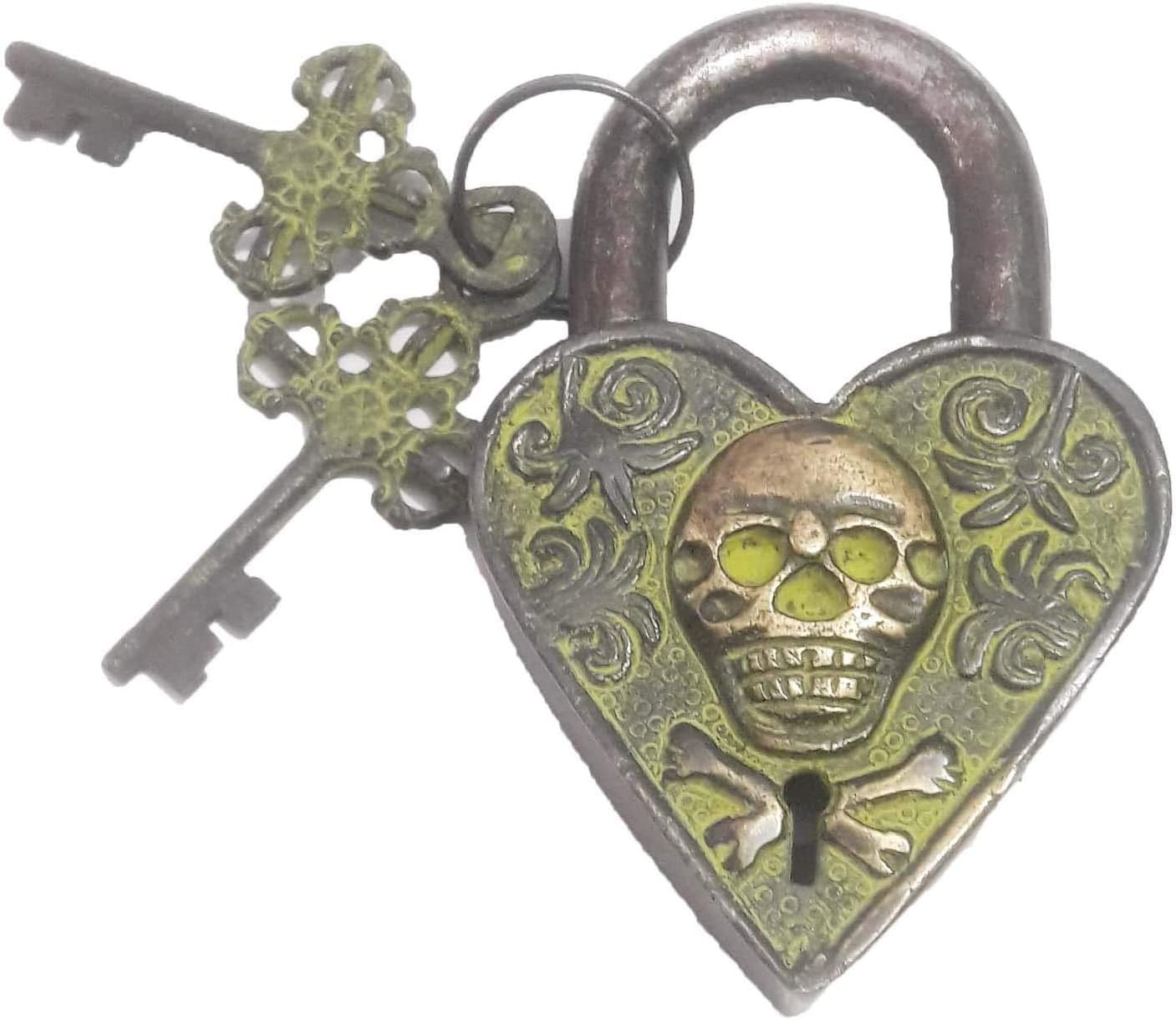 Brass Door Padlock Fully Functional Handmade Antique Design with Keys Unique Collectible Locks Combination of Style & Security (Man-Skull-ant)