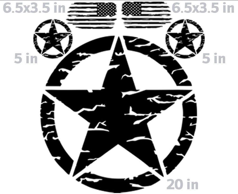 G0001 - Distressed Hood Military Star 5 Decal KIT - Custom Designed for use on - Jeep Wrangler Roxor Cherokee Compass Patriot & More (Black)