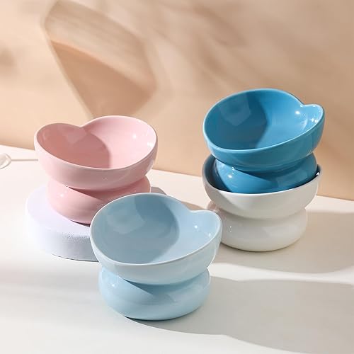Miniatura 6 de WUYIAZHI Lindo cuenco para gatos en forma de corazón, cuenco elevado de cerámica blanca para gatos, pequeño plato elevado para gatos y gatitos de