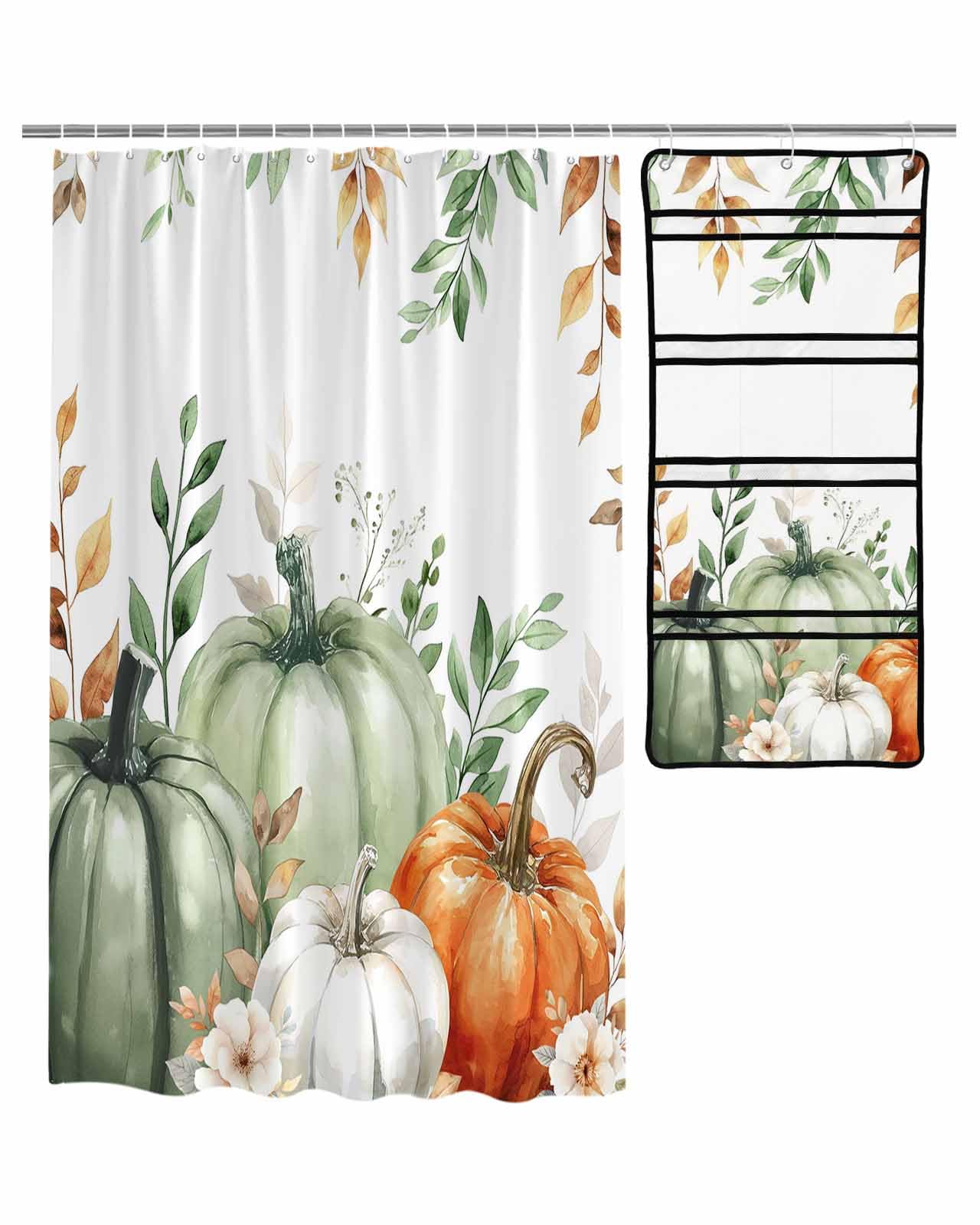 Decorative Shower Curtain Sets Fall Polyester Fabric Waterproof Shower Curtains Thanksgiving Sage Green Pumpkin Eucalyptus Leaf Mesh Shower