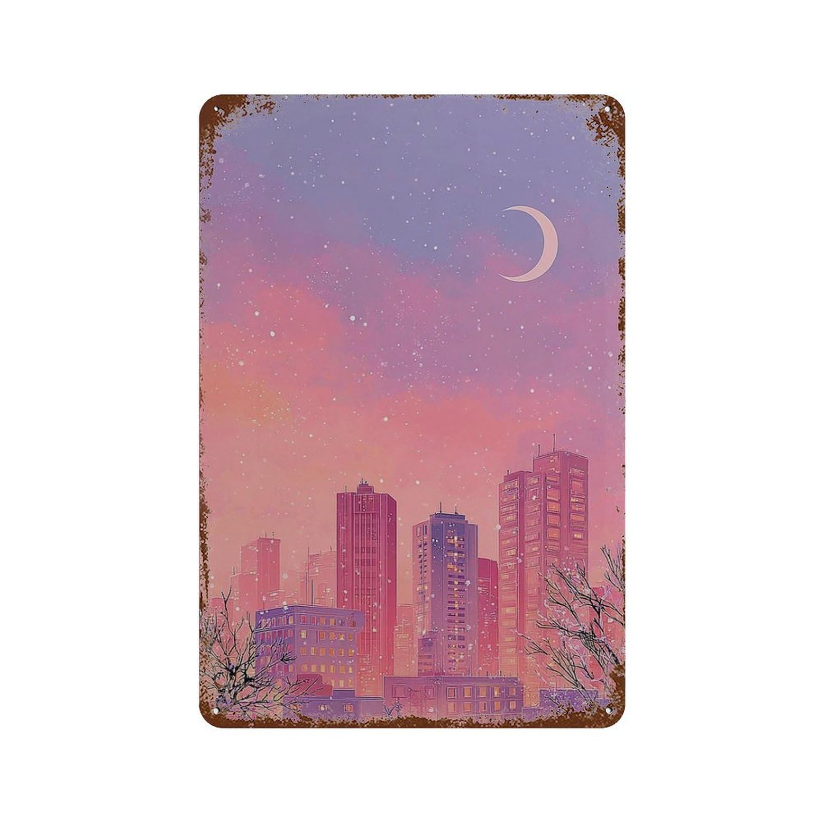 xiaoxiaoshen Lofi Cityscape Pastel Pink Purple Vaporwave Wall Decor Art Metal Tin Poster Modern Home Decor Art Home Bar Shop Decorations Vintage Sign 30x20cm