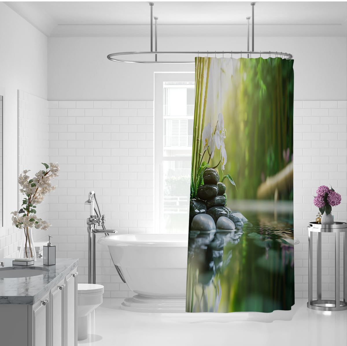 Meditationsgarten Duschvorhang Tropischer Wald Balancierender Stein Weißer Orchidee Stoff Badevorhang Sonnenstrahl Fluss Bach Badezimmerdekoration 200 x 240 cm