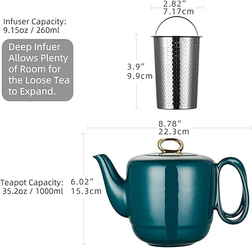 Miniatura 3 de ZENS Tetera con infusor, mango entrecruzado de porcelana azul de 3 tazas, tetera suelta de 33.8 onzas, regalo de tetera de lujo para té de la