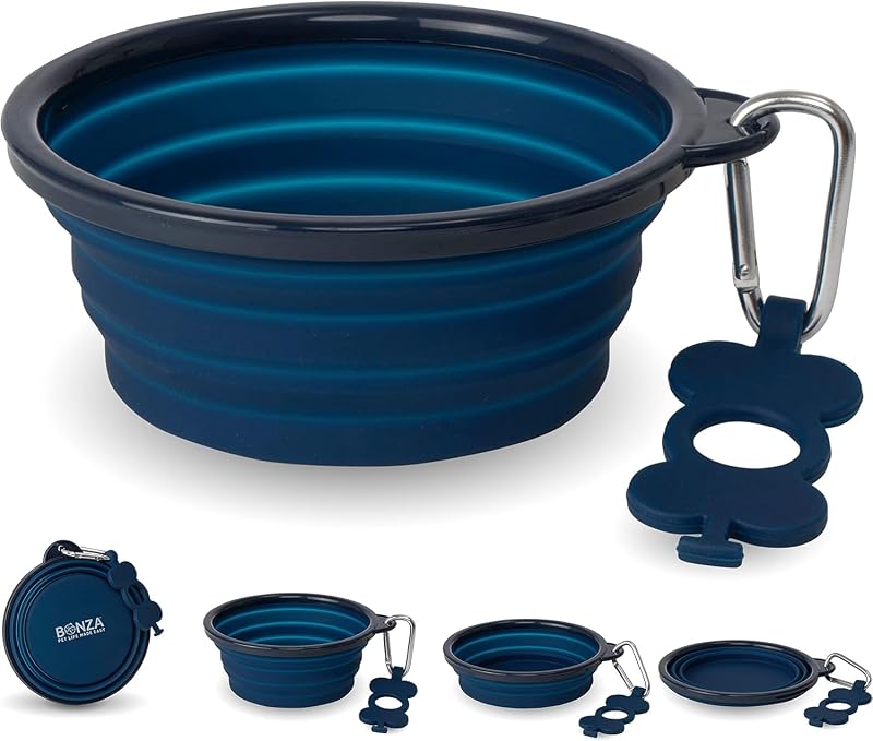 Tigelas Dobráveis para Cães Bonza em Silicone com Mosquetão, Azul-marinho, Pacote com 2