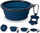Bonza Collapsible Dog Bowls - Small 12 oz, Dog Travel Accessories, Silicone Portable Dogs Bowl & Water Dish with Reinforced Rim & Carabiner for Hiking, Camping, and Car Trips, Navy Blue