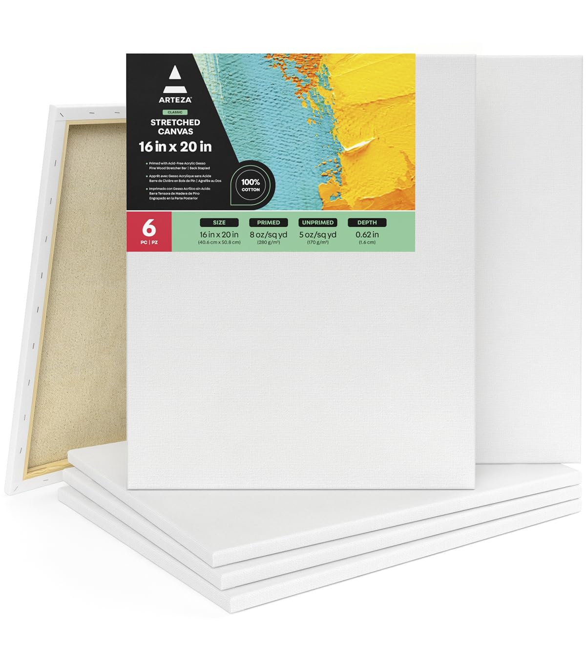 ARTEZA Stretched Canvas, 16 x 20 Inches, Pack of 6, Blank White