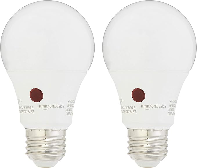Amazon Basics 60W Equivalent, Soft White, Dusk to Dawn Sensor, Non-Dimmable, A19 LED Light Bulb , 2-Pack