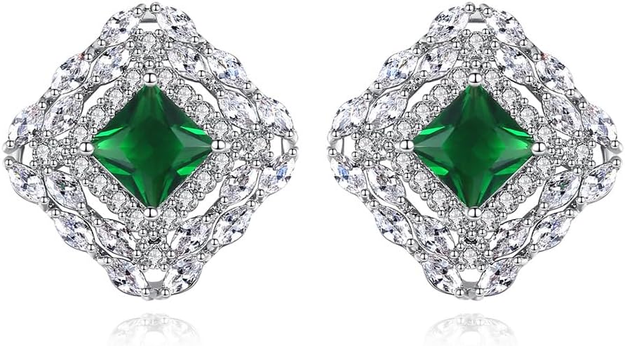 Luxurious 14K Gold Moissanite Earrings for Women, Square Emerald Halo Design,Gift for Her