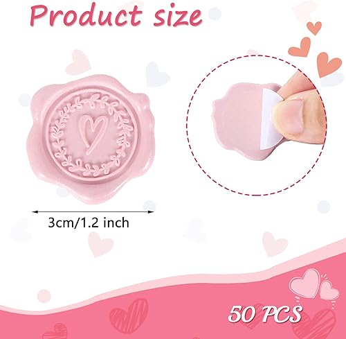 Miniatura 2 de Whaline 50 calcomanías de sellado de cera, corazón rosa, calcomanías de sello de San Valentín, calcomanías autoadhesivas para invitación de boda,