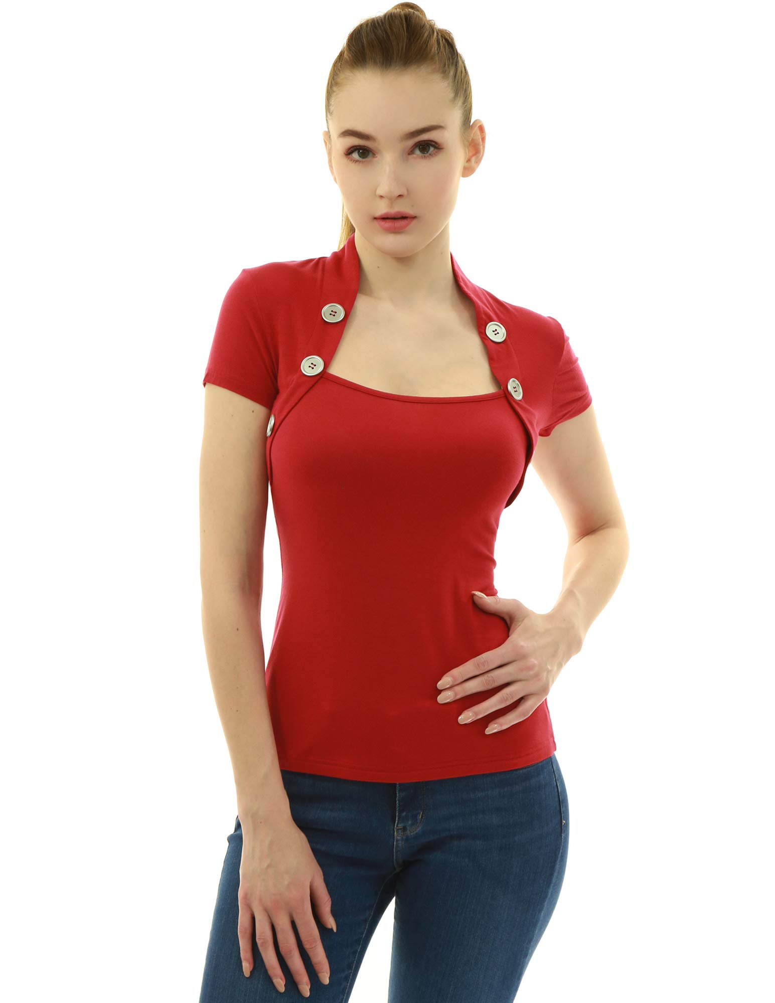 AmélieBoutik Women Bolero Style Button Embellished Short Sleeve Blouse Top, Red, XL