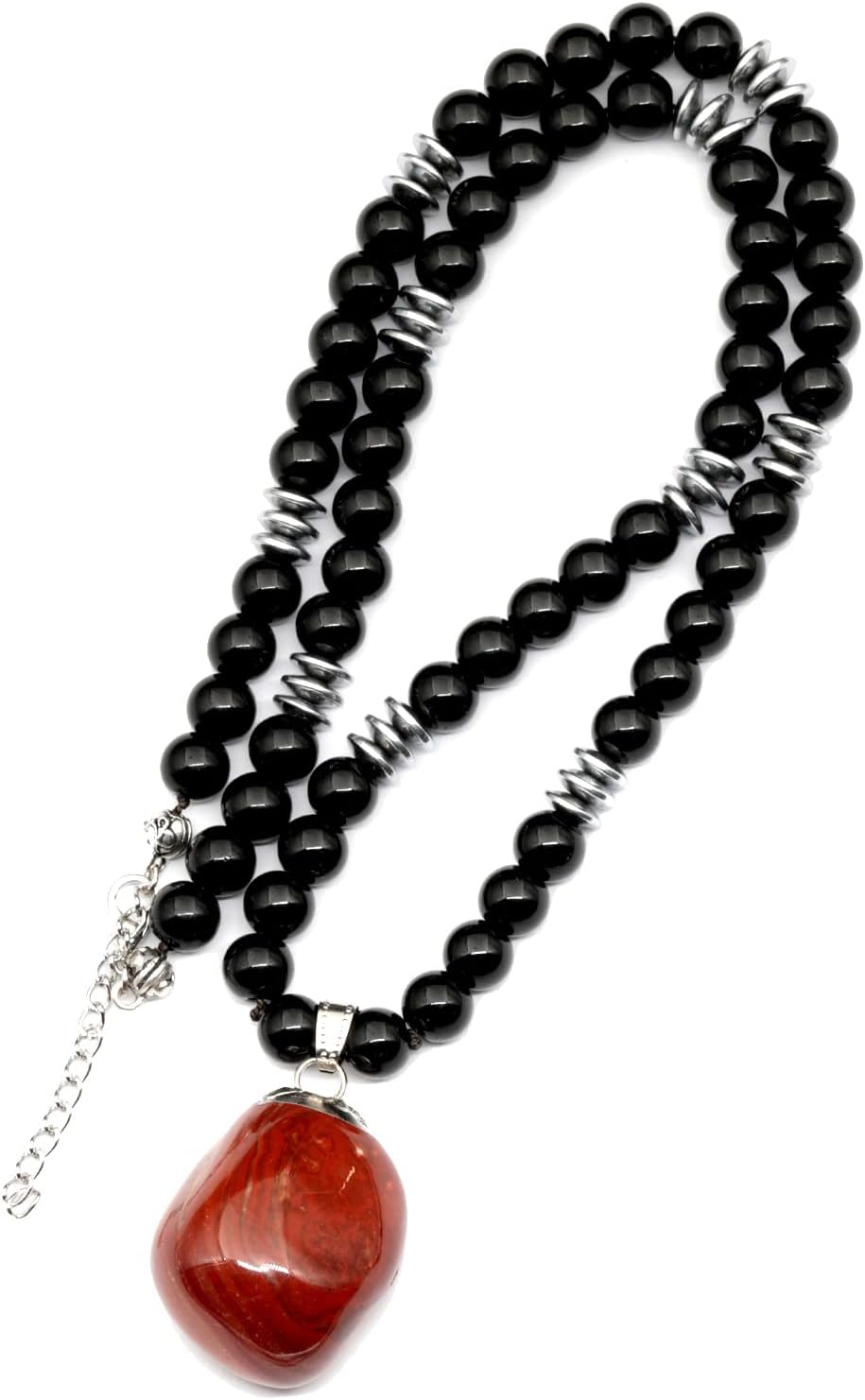 ElisaJewelryArt - Natural Carnelian Crystal Pendant Black Onyx Stone Beaded Necklace Genuine Gemstone Empowering Stone Clasp Closure Necklace Unisex Necklace (22.00, Carnelian)