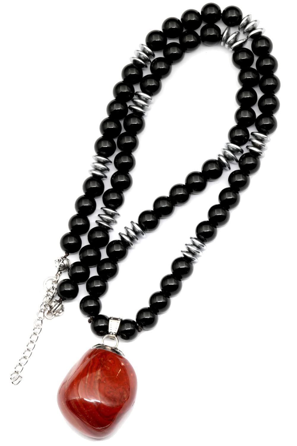 ElisaJewelryArt - Natural Carnelian Crystal Pendant Black Onyx Stone Beaded Necklace Genuine Gemstone Empowering Stone Clasp Closure Necklace Unisex Necklace (22.00, Carnelian)