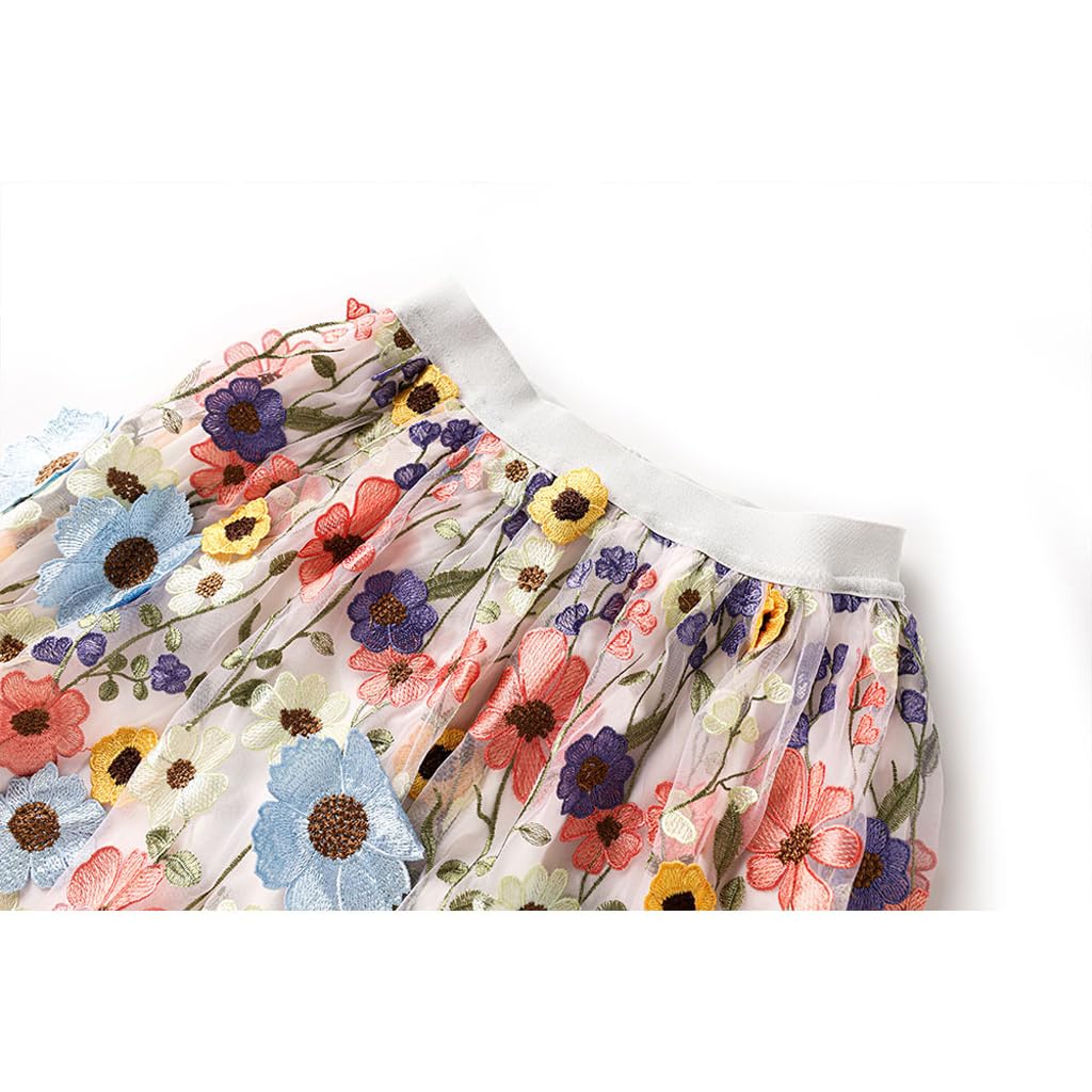 Damen-Midi-Tüllrock mit 3D-Blumenstickerei, Vintage-Stil, elastisch, hohe Taille, Stickerei, Sonnenblumen-Mesh, A-Linien-Rock