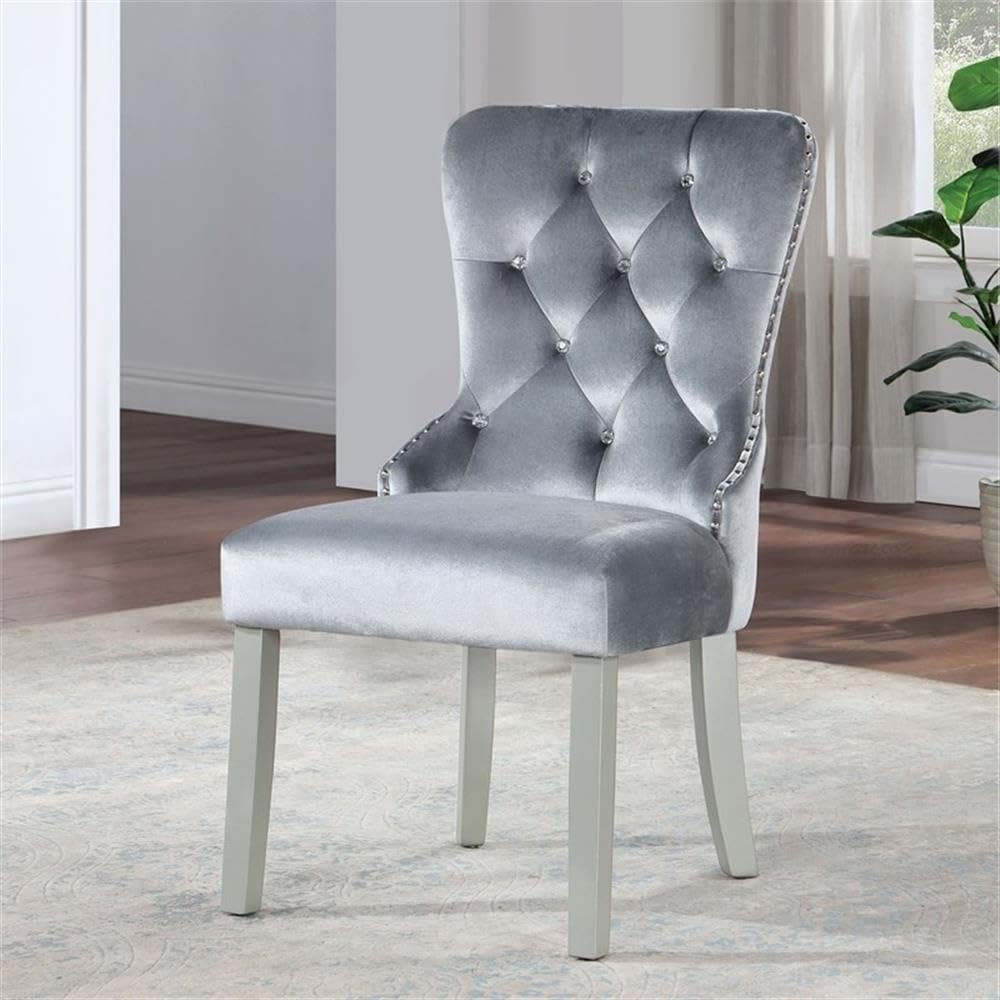 BOWERY HILL Fabric Tufted Side Chairs, Dark Gray Upholstery with Nailhead Trim, Acrylic Button Wingback Design, Solid Wood Legs, Transitional Style Dining Room Accent Chairs, Set of 2