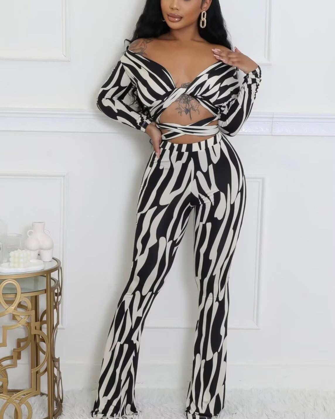 Ophestin Women 2 Piece Outfits V Neck Striped Print Long Sleeve Wrap Top Bodycon Flare Leggings Set Tracksuits Jumpsuit - Image 2