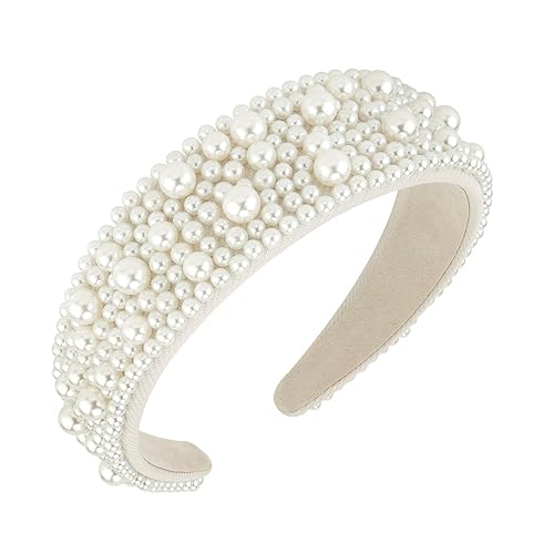 Jaciya Diademas de perlas para mujer, diadema ancha con cuentas, diadema de perlas blancas, accesorios para el cabello, diademas de moda para mujer