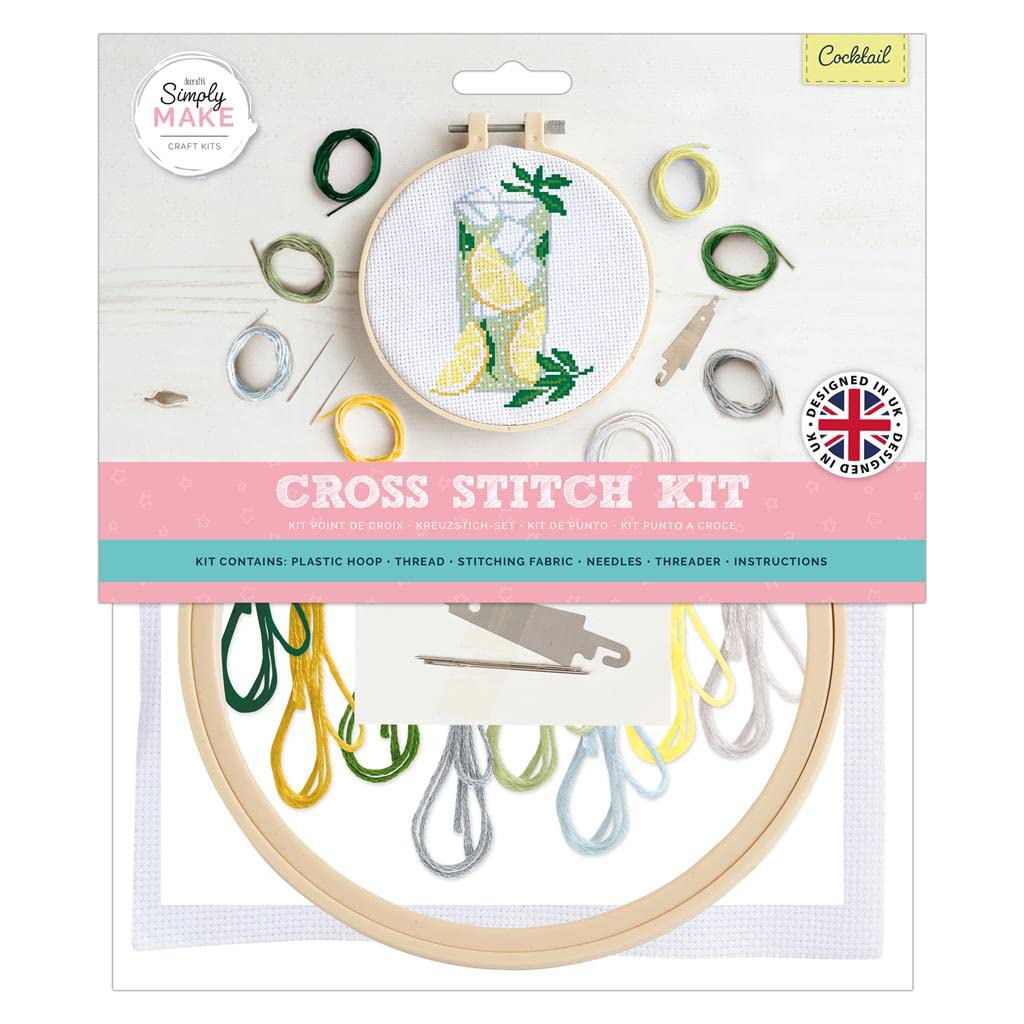 Simply Make Cocktail Docrafts Cross Stitch Hoop Embroidery Kit, Diy Craft Set, Adults, Older Children, Kids, Beginners, Experienced Crafters, Perfect Hobby
