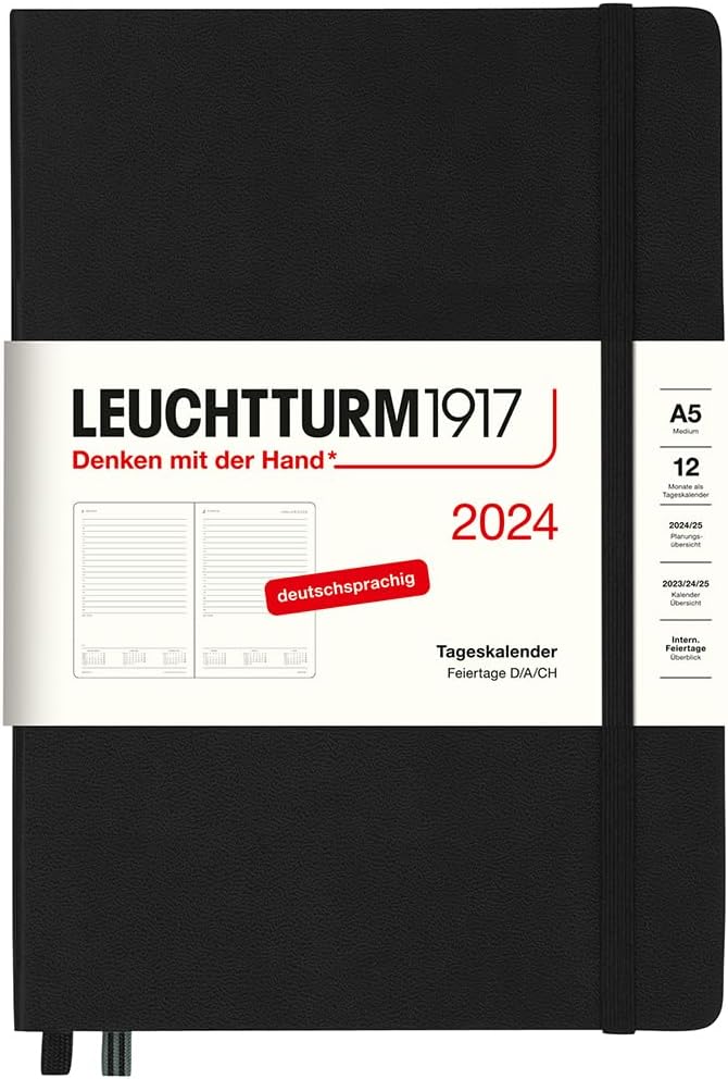 LEUCHTTURM1917 367592 Daily Calendar Pocket (A6) 2024, Black, German, 12 Months