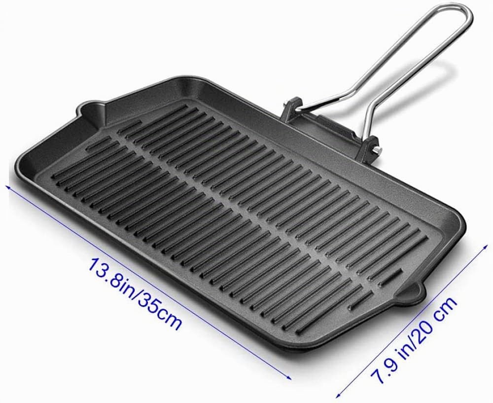 Piastra in ghisa, Grill Bistecchiera Rettangolare con Manico Pieghevole per Piano Cottura Easy Grip | USO a Fuoco Aperto in Fornello a induzione, Nero
