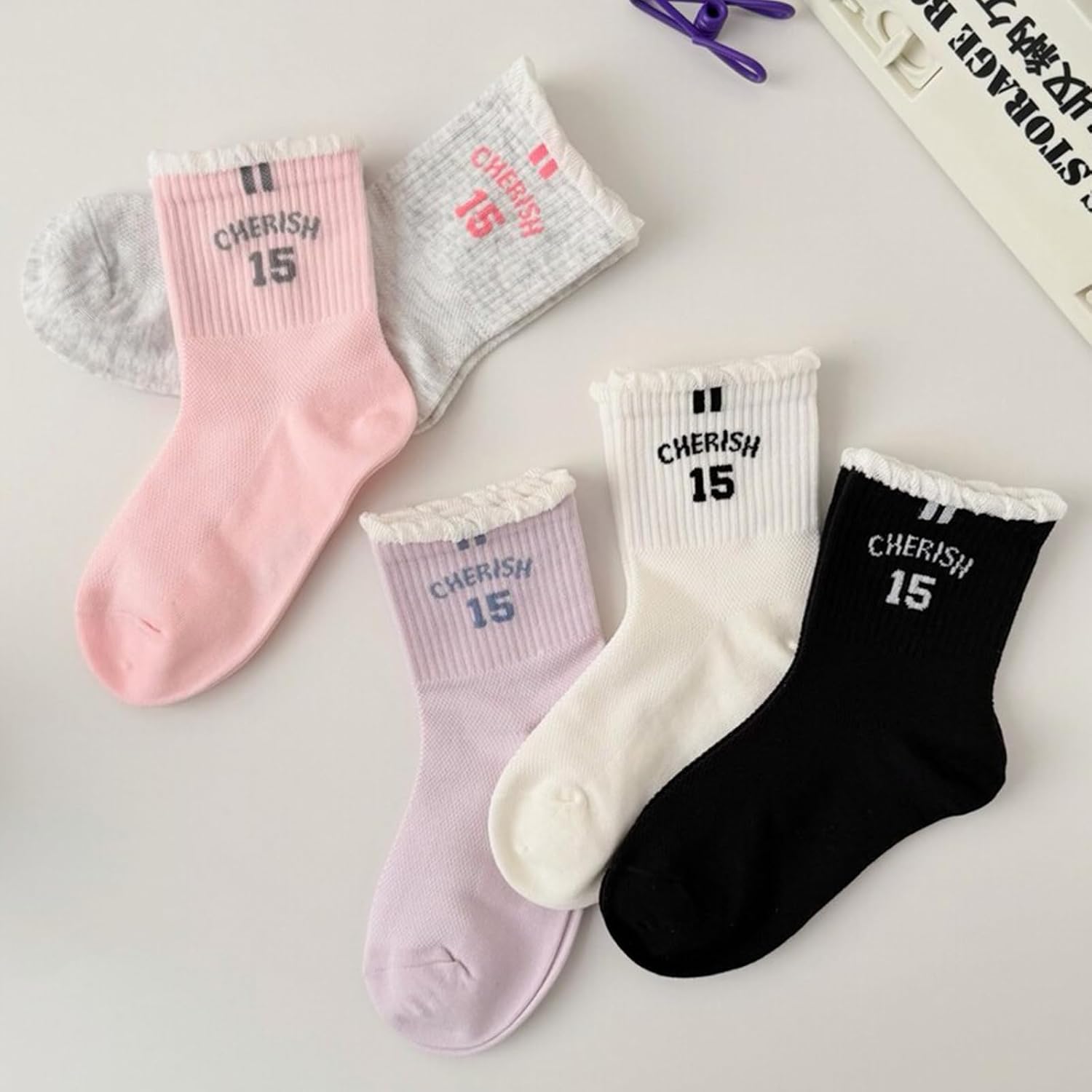 Baby Girls Crew Socks with Ruffle Cuff, Breathable Mesh, Letter Print, Multicolor, 5 Pack