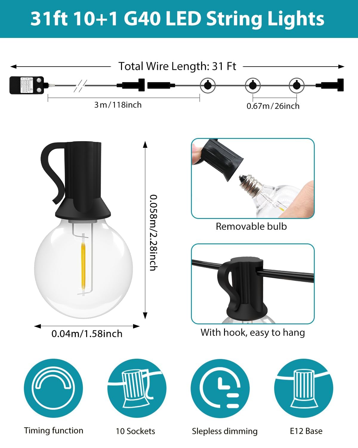kolpop [Regulable & Temporización Guirnaldas Luces Exterior, 9.7M/30FT Luces Exterior, 10+1 LED Bombillas Impermeable Cadena de Luces Terraza Exterior, Interior Deco para Jardín, Patio, Fiesta