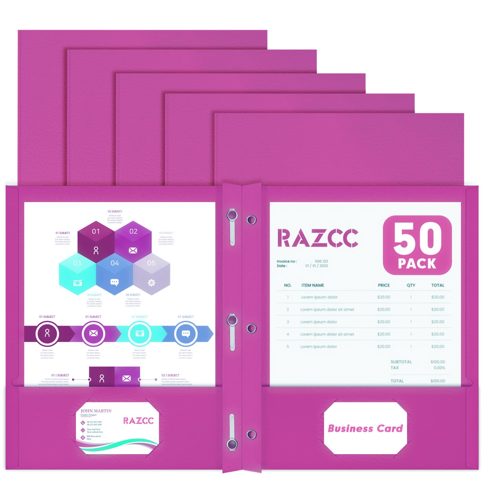 Two Pocket Folders, RAZCC 50 Pack Two Pocket Folders with Prongs, 3 Prong Folders Fit Letter Size Paper, Pocket File Folders for School Office Home Business, Rose Purple