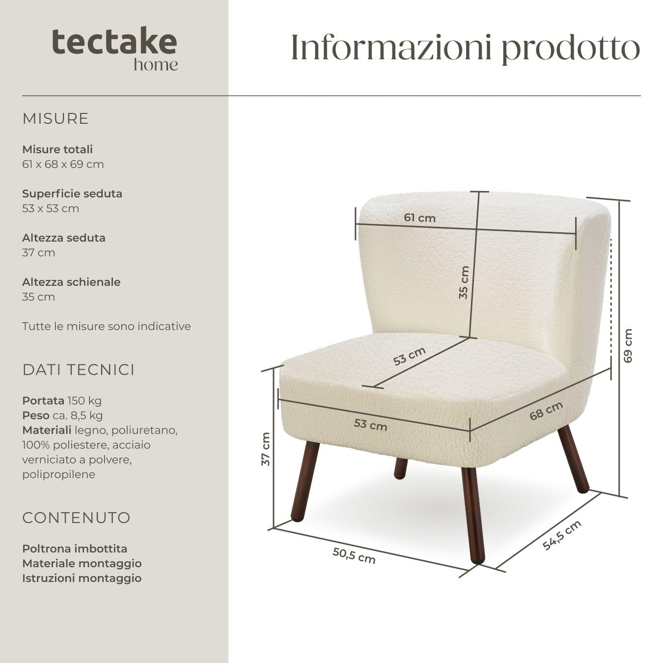 tectake®, Poltrona scandinava da cocktail, poltrona relax di design, moderna e comoda, poltrone salotto, poltroncina da camera, Poltroncina salotto da lettura - Bouclé Bianco Avorio