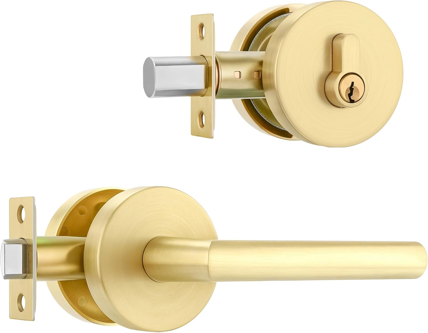 Leydebong 1 Pack Gold Front Door Locksets with Deadbolt, Satin Brass Door Handles, Combination Door Lock, Keyed Alike Exterior Door Lever