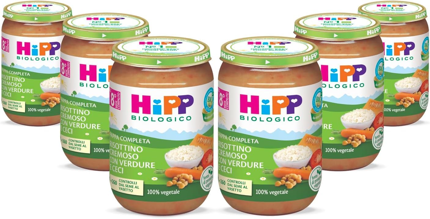 HiPP - Pappa Pronta Completa Bio, Risottino Cremoso con Verdure e Ceci, per Bambini, 100% Vegetale, Senza Sale Aggiunto, 6 Vasetti da 220 gr
