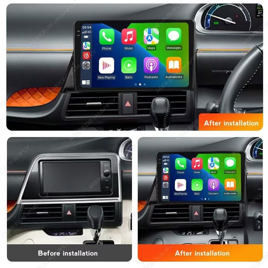 Comparison image showing a car dashboard before and after installation of the RONGJI Android Car Radio. The 'Before installation' panel shows the original car radio slot, while the 'After installation' panel shows the new 10.1-inch Android unit seamlessly integrated.