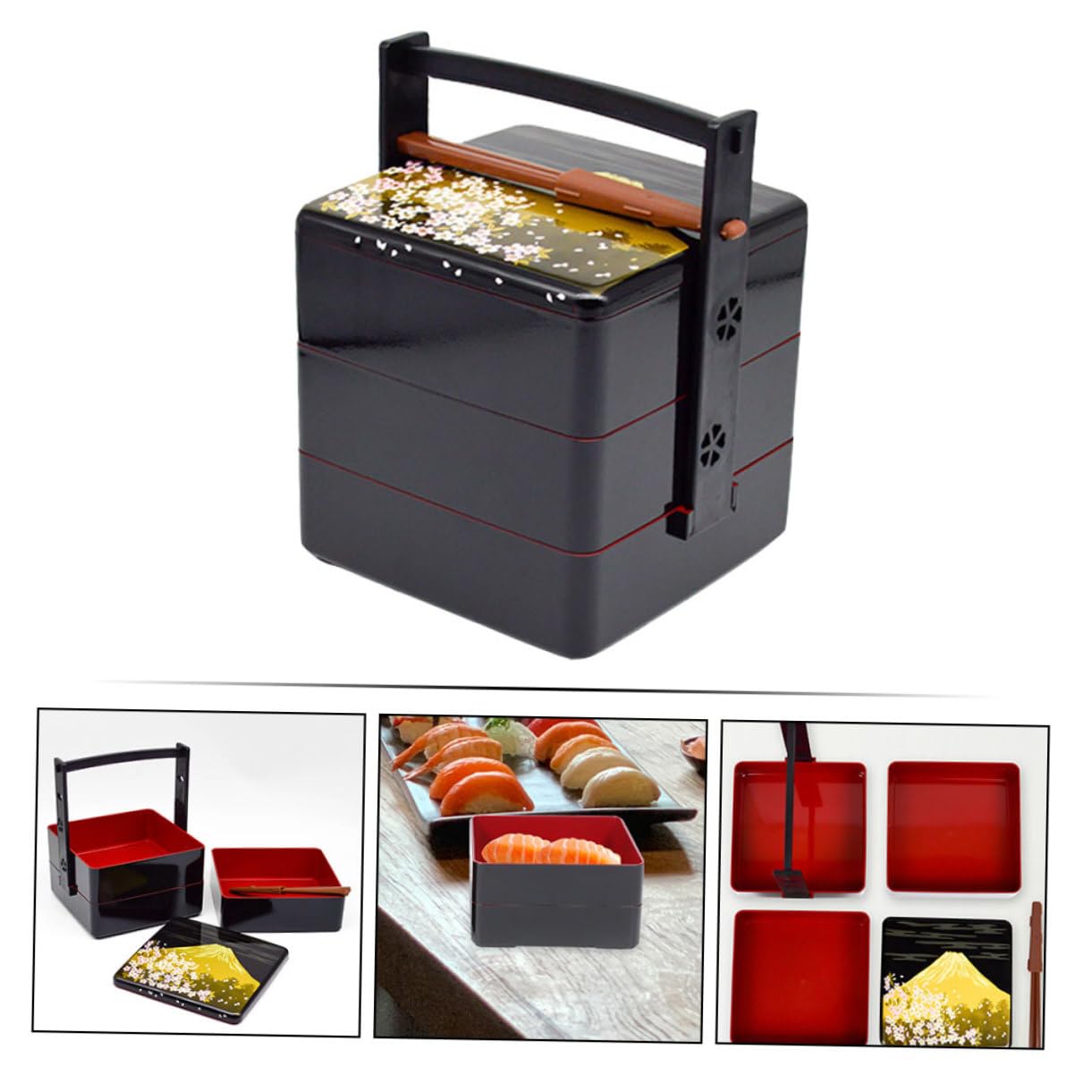 Boîte à Bento Japonaise Portable Noire, Design Trois Niveaux