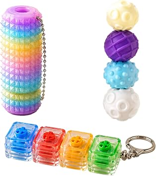 3PCS Fidget Toys for Adults, Sensory Pack with Keyboard Clicker Keychain, Magnetic Sensory Balls, Gradient Spiky Tactile Roller, Stress Relief Office Desk Toy for Anxiety Reduction Stocking Stuffers