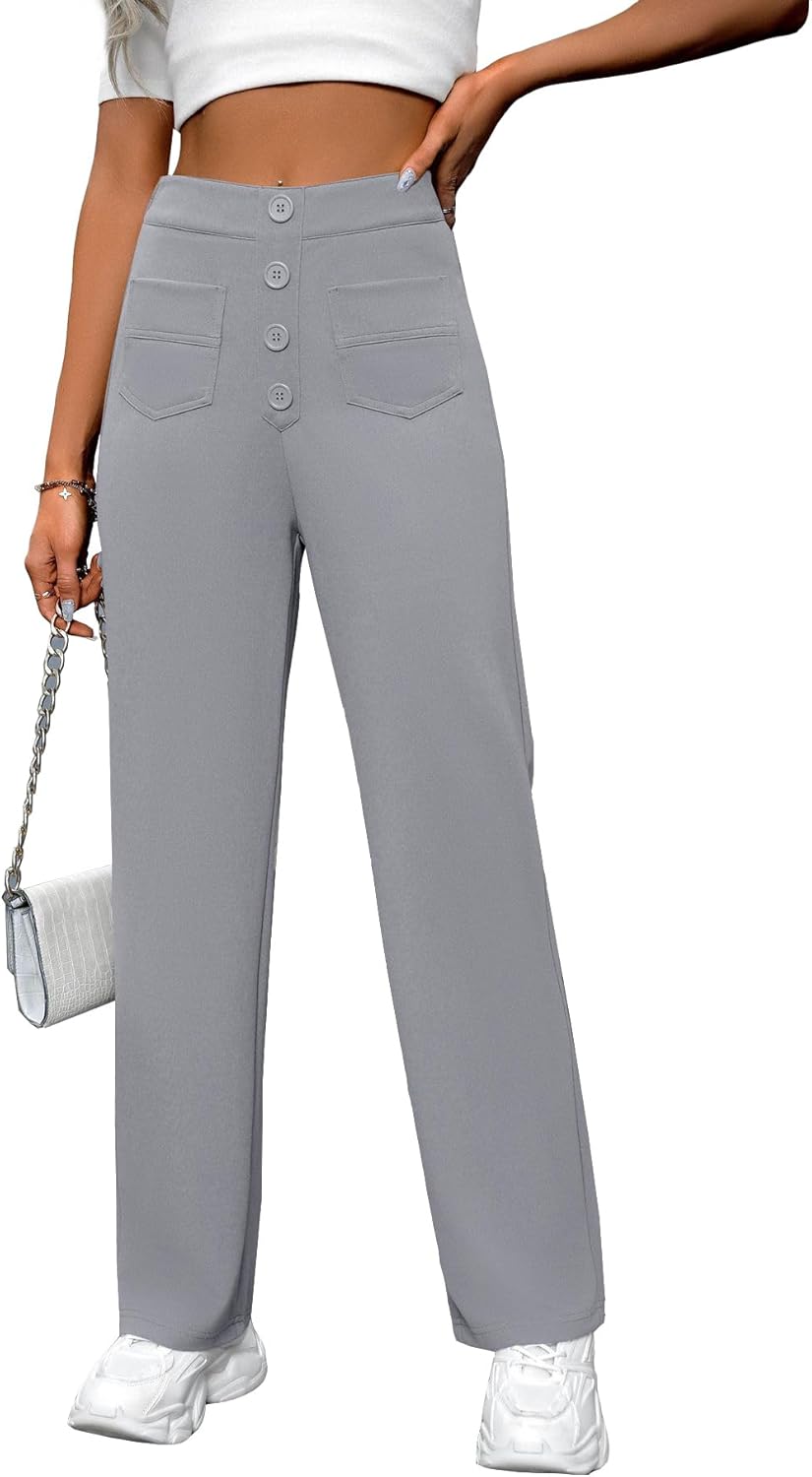 AIFARLD Straight Leg Pants for Women Flexipants High Waisted Button Stretchy Trousers Multiple Pockets Business Work Casual - Image 2