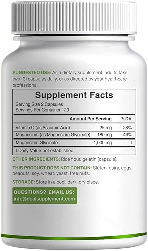 Miniatura 6 de Glicinato de magnesio 750 mg más vitamina C, fórmula 2-1, 200 cápsulas | 100% quelatado | Apoya calambres en las piernas, estado de ánimo saludable