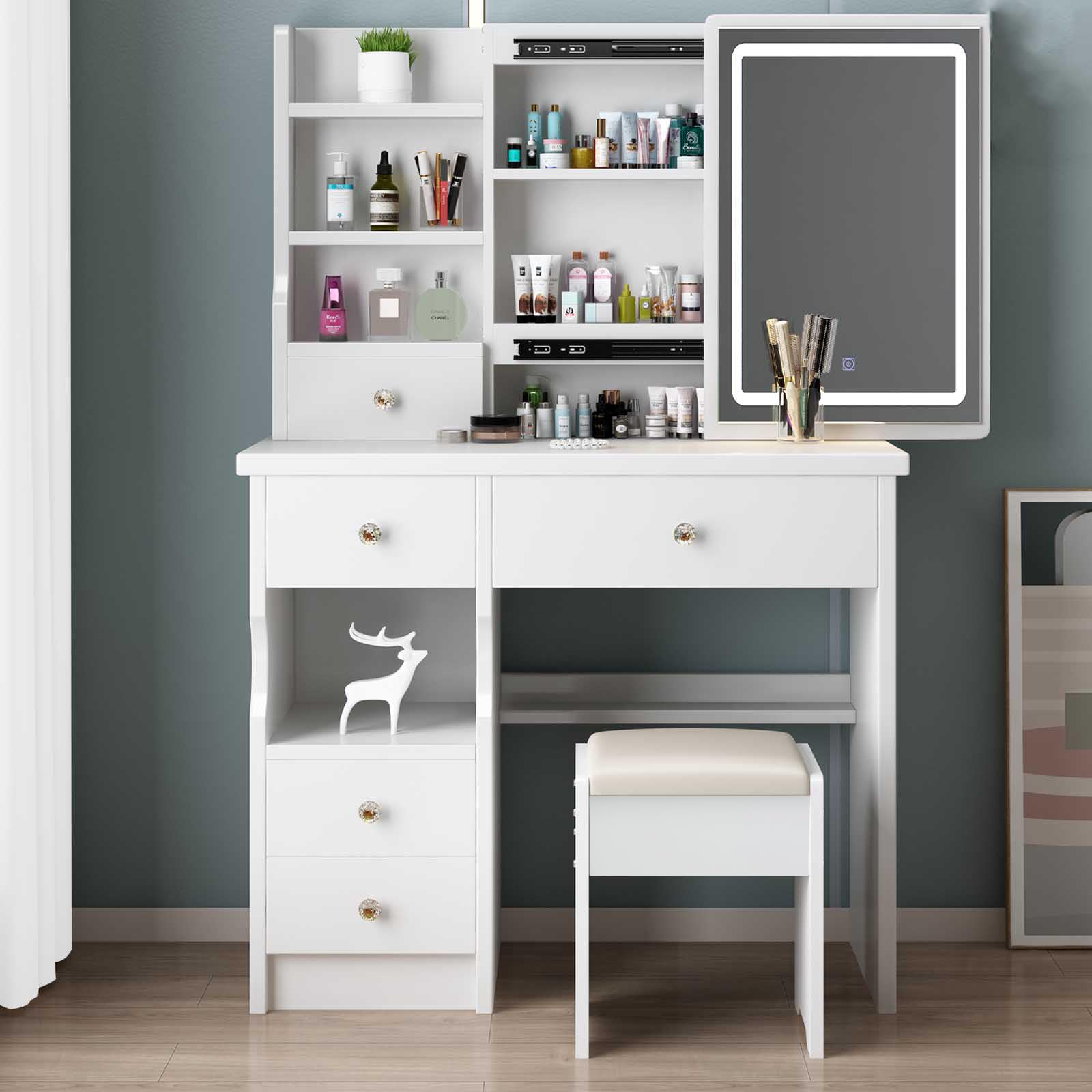 Saalu - Tocador con espejo de iluminación LED, brillo ajustable, con taburete, 5 cajones y 3 estantes, moderno y de madera, color blanco (T68)
