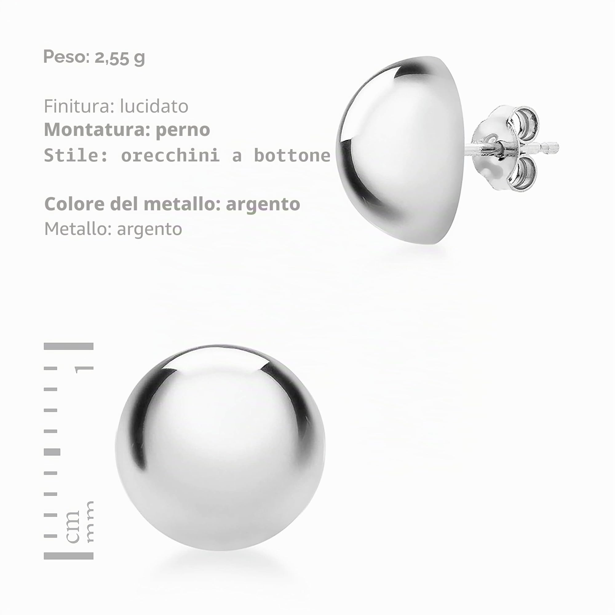 Tuscany Silver Orecchini a perno mezza sfera da 10 mm da donna in argento sterling