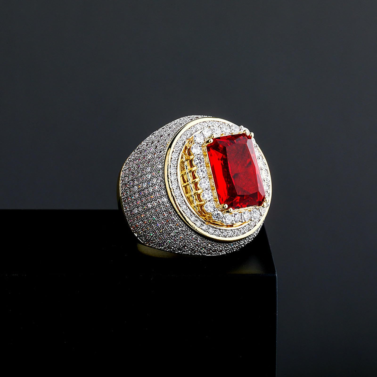 Herren-Ring mit kubischem Zirkonia und Rubin, auffälliges Retro-Design, Statement-Schmuck, übertriebener Vintage-Stil, Band, Geschenk für ihn