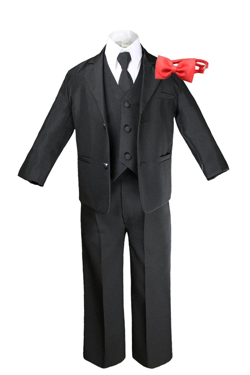 Formal Boy Black Suit Notch Lapel Tuxedo Kid Baby Free Red Bow Tie (7)