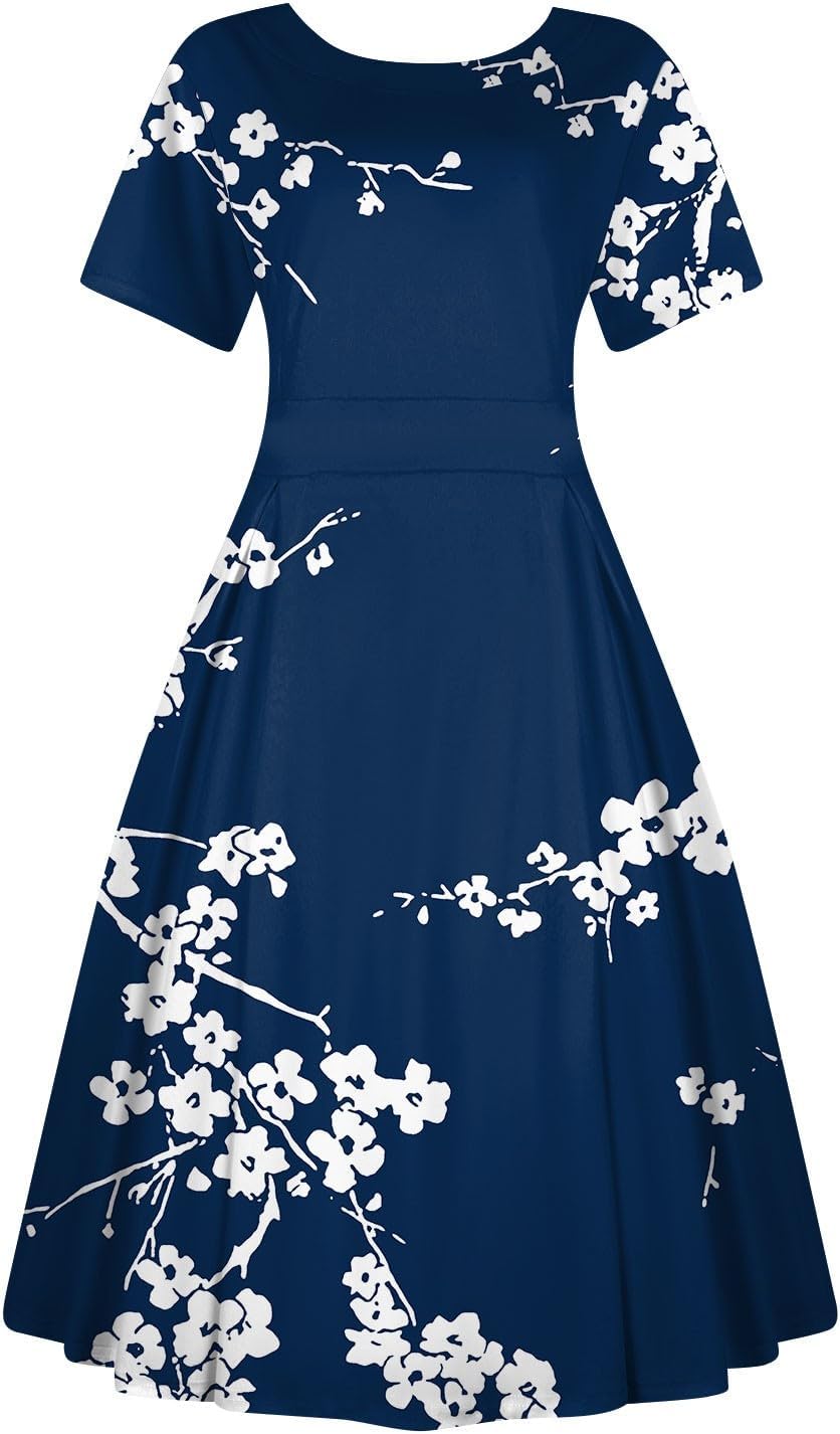 Summer Dress Tea Party Dresses for Woman Retro Floral Print Short Sleeve Round Neck Corset Zip Cocktail Evening Dress