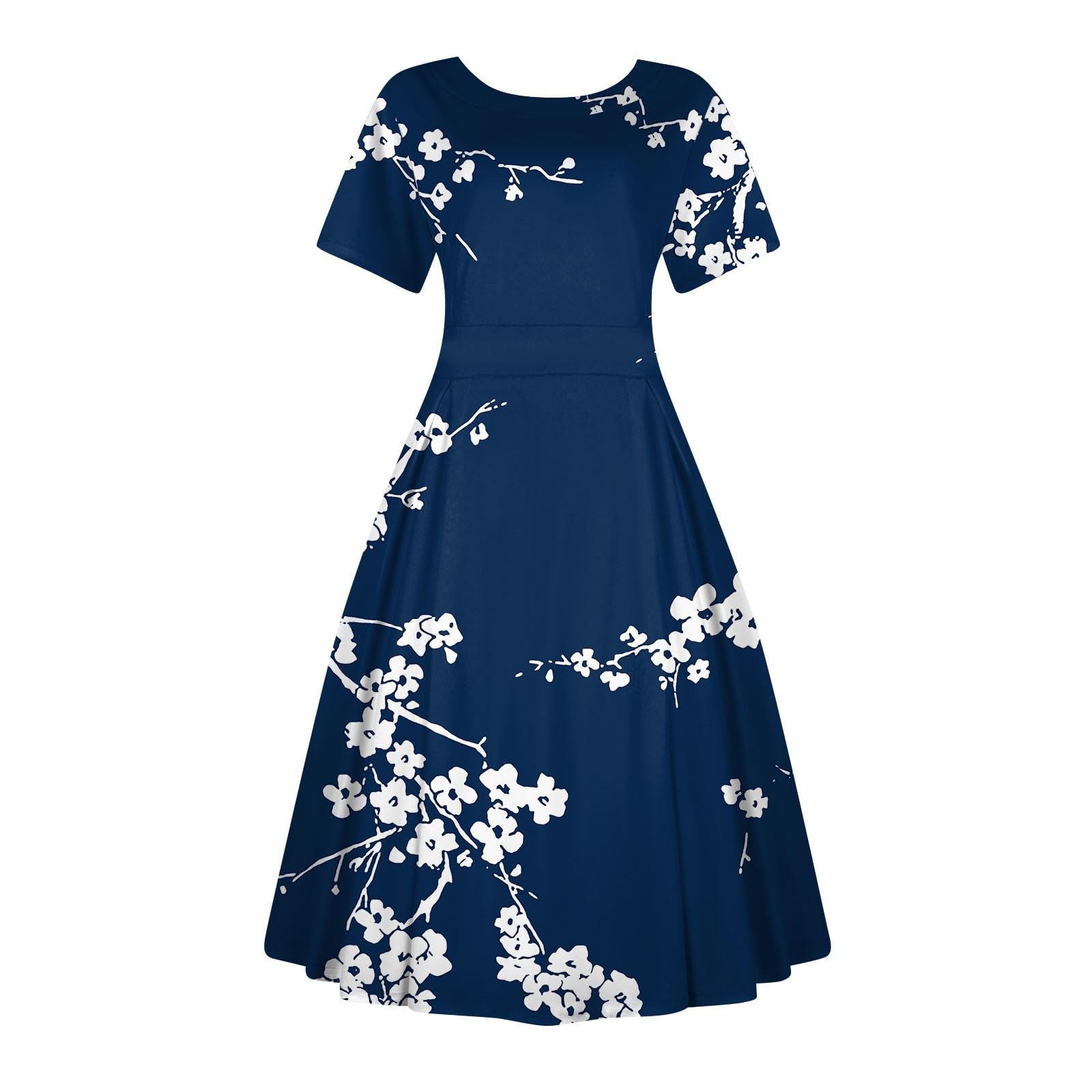Summer Dress Tea Party Dresses for Woman Retro Floral Print Short Sleeve Round Neck Corset Zip Cocktail Evening Dress