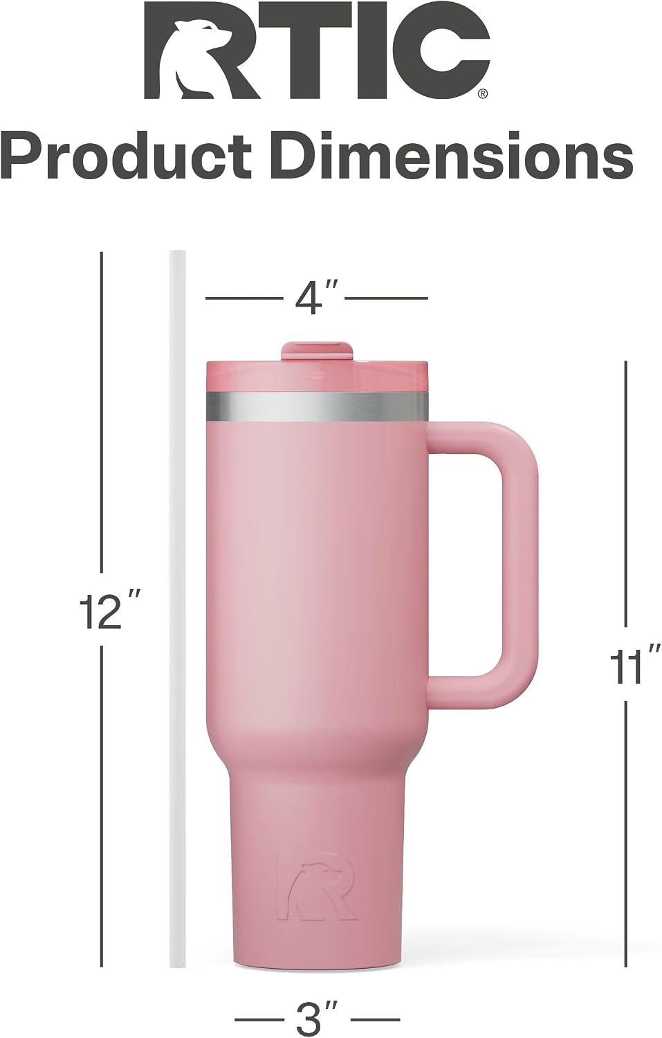 RTIC 40 oz Road Trip Tumbler Double-Walled Cermaic Lined Insulated Stainless Steel Portable Travel Coffee Mug Cup with Lid, Handle and Straw, Dusty Rose