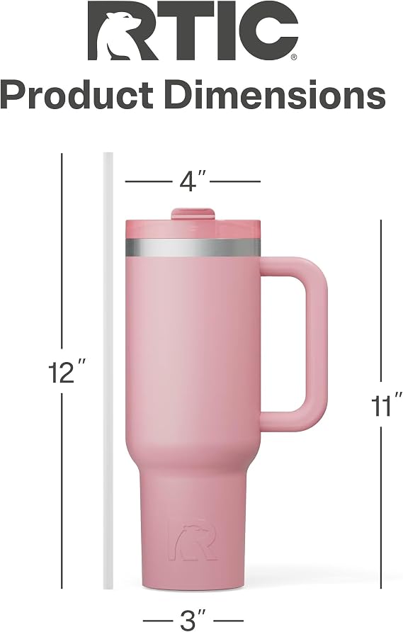 RTIC 40 oz Road Trip Tumbler Double-Walled Cermaic Lined Insulated Stainless Steel Portable Travel Coffee Mug Cup with Lid, Handle and Straw, Dusty Rose