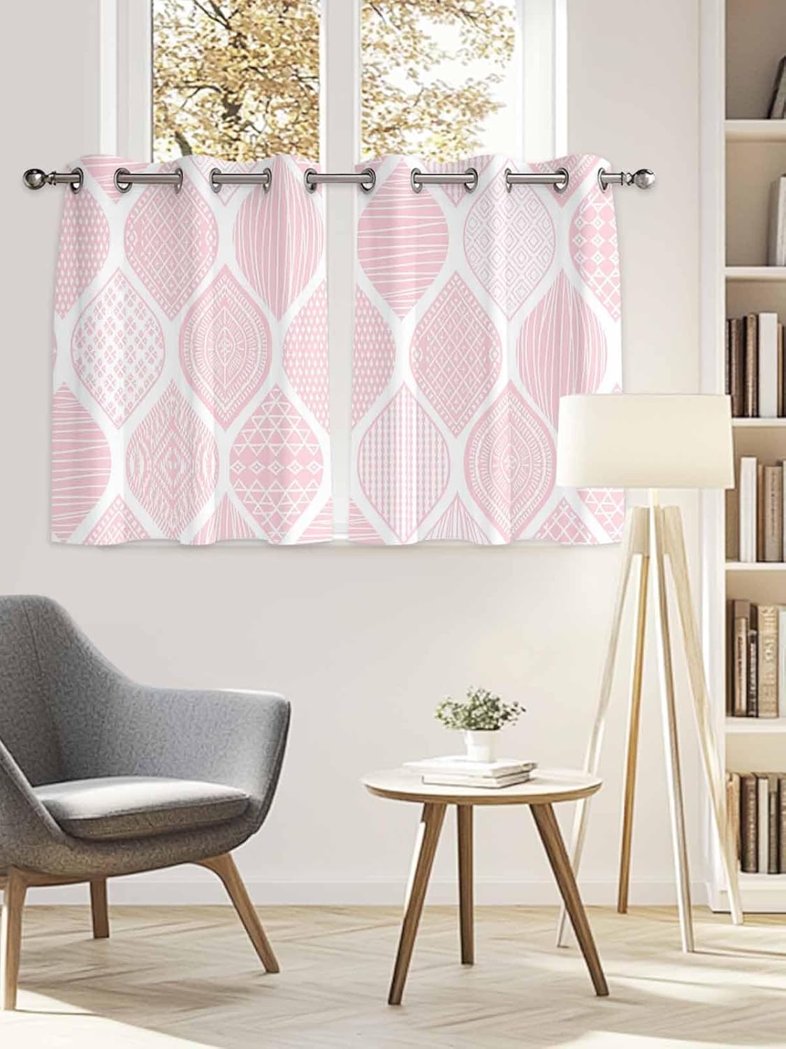 Grommet Top Window Curtains, Geometric Pink Texture Durable Light Blocking Windows Drapes for Kitchen/Bedroom/Living Room, Window Treatments Curtain Set of 2 Panels 52x54 in