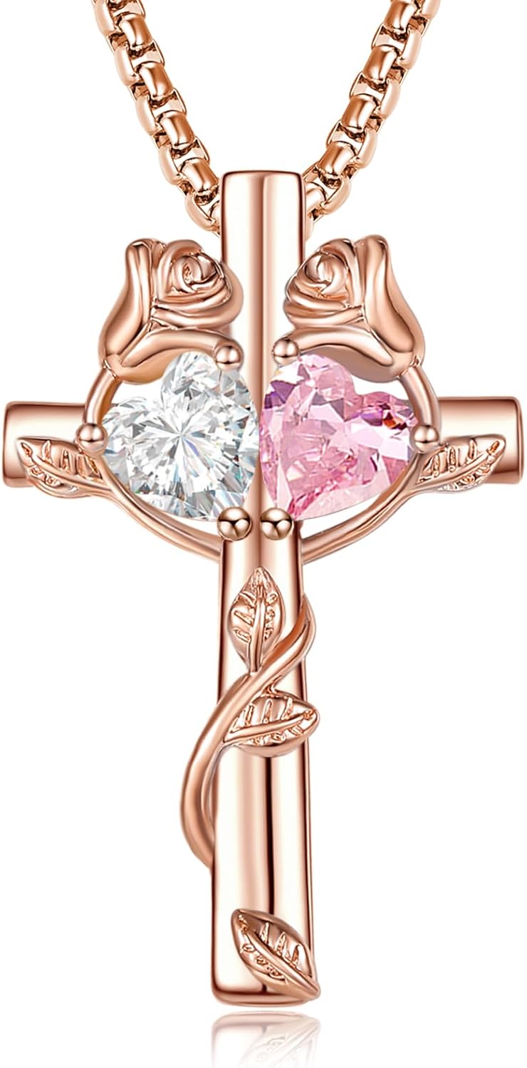 Rose Cross Necklaces for Women, Rose Gold Cross Jewelry with 2 Birthstones Pendant, Valentines Day Birthday Gifts for Women