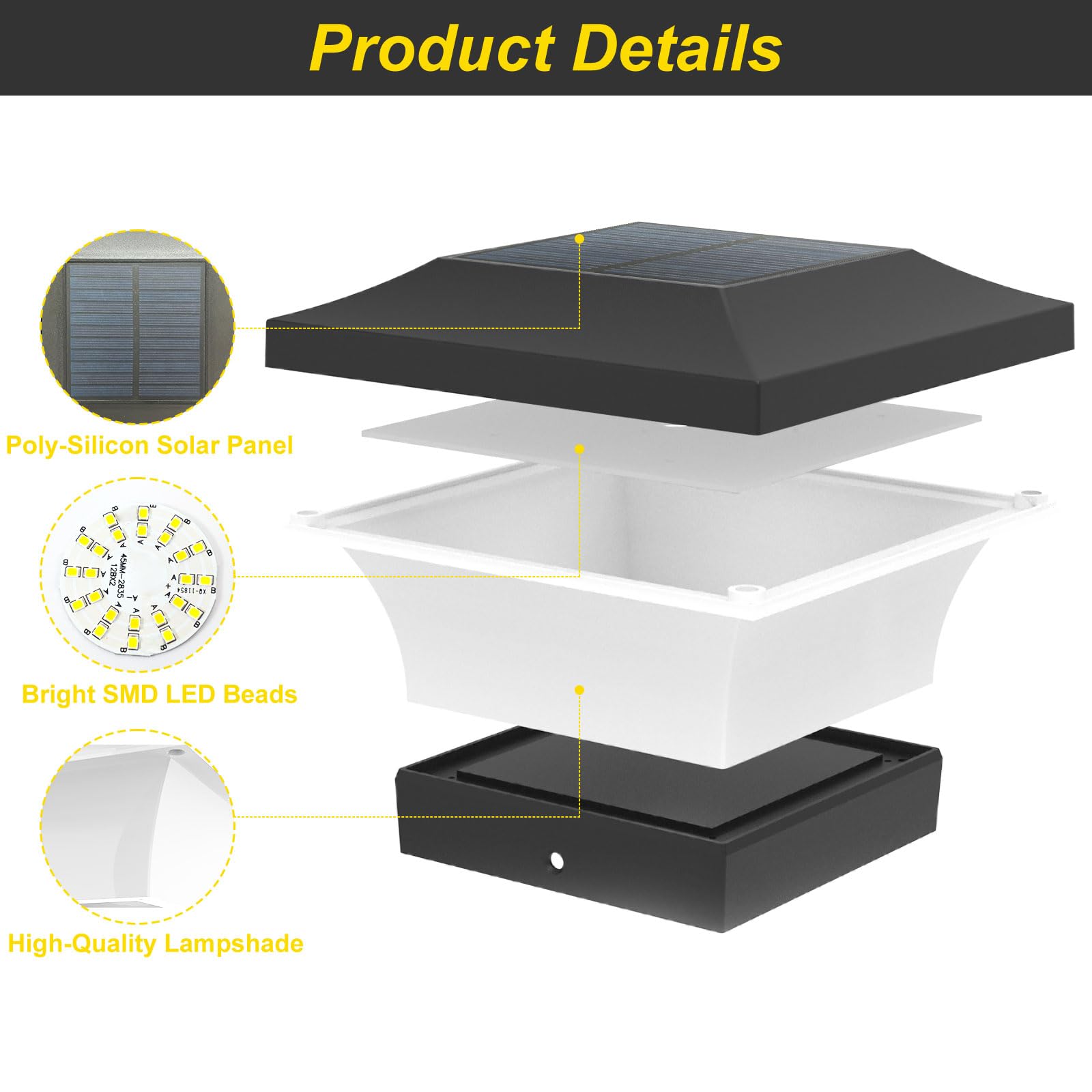 2 Stück Solar Pfostenleuchte 10x10, 3000K Warmweiß Pfostenkappen Solar, IP65 Wasserdichte Pfostenkappe Solar Pfostenlichter für Holzpfosten, Zaun, Garten