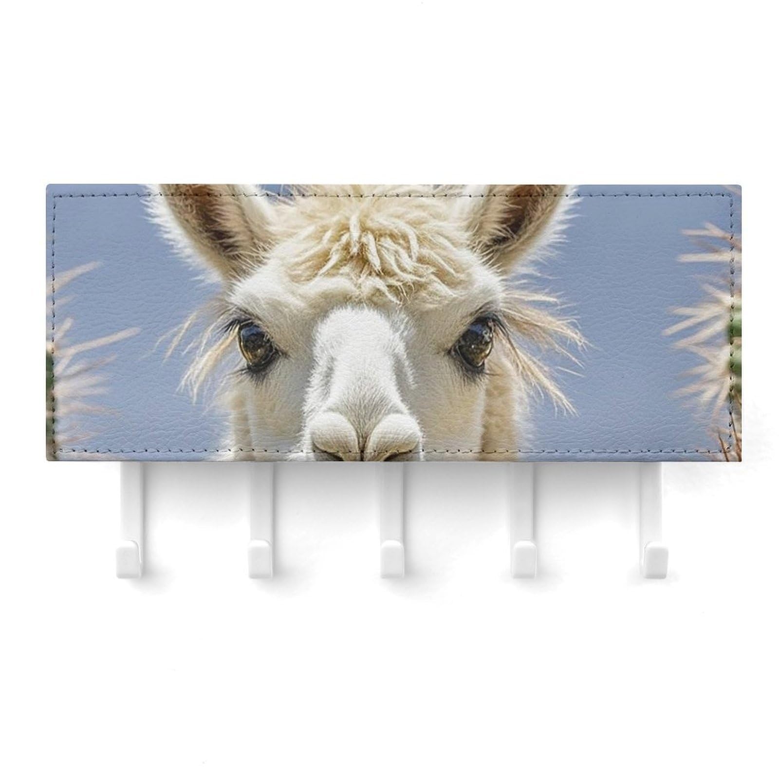 QMNLKH Mexican Llama Cactus Wall Mounted Key Rack for Home, No Drilling Key Holder with 5 Hooks, Self Adhesive Keys Chain Organizer for Hallway, Keys Hanger Shelf for Office, Doorway White