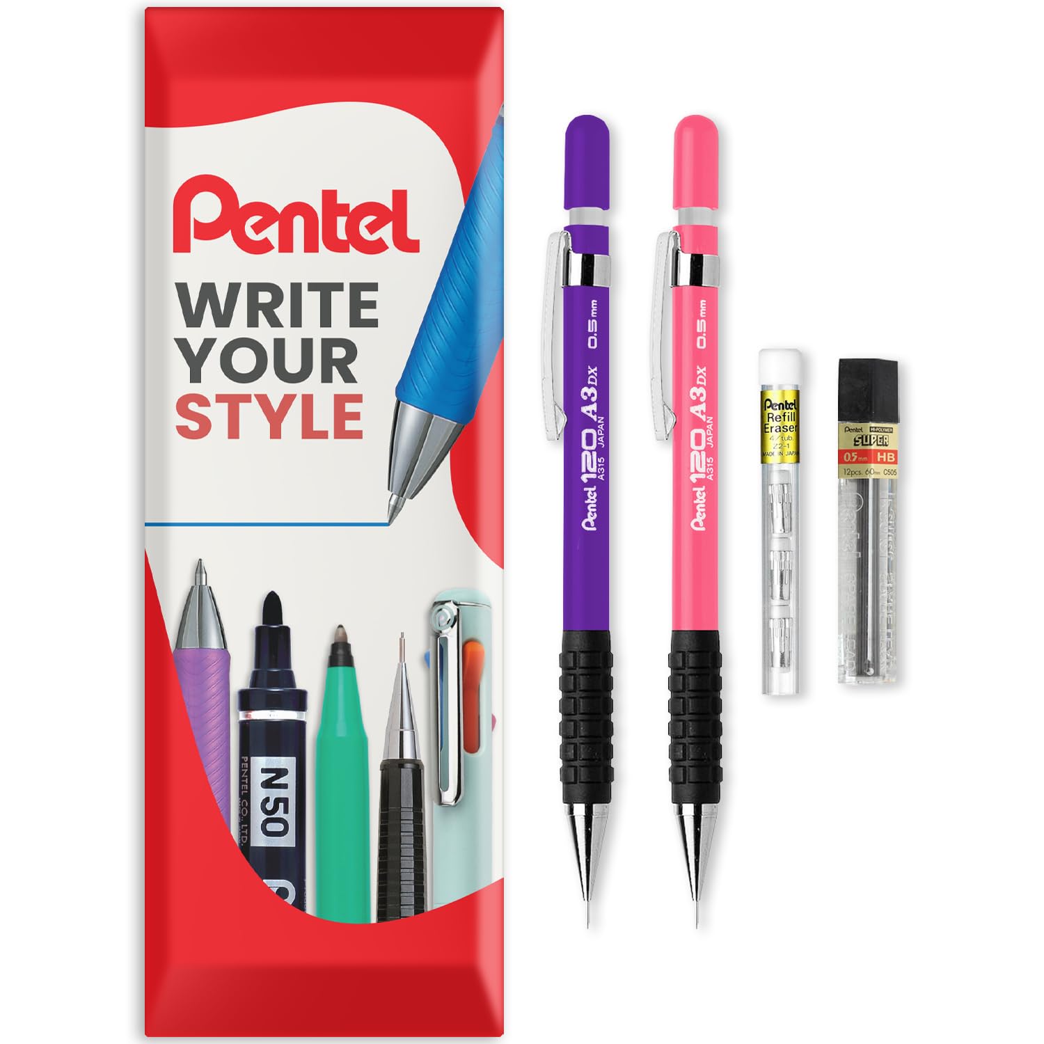 Pentel 120 Series Automatic Mechanical Pencil A315 + 12 HB Refill Leads + Tube of Eraser Refills - In Pillow Packaging (Violet & Pink, 0.5mm)